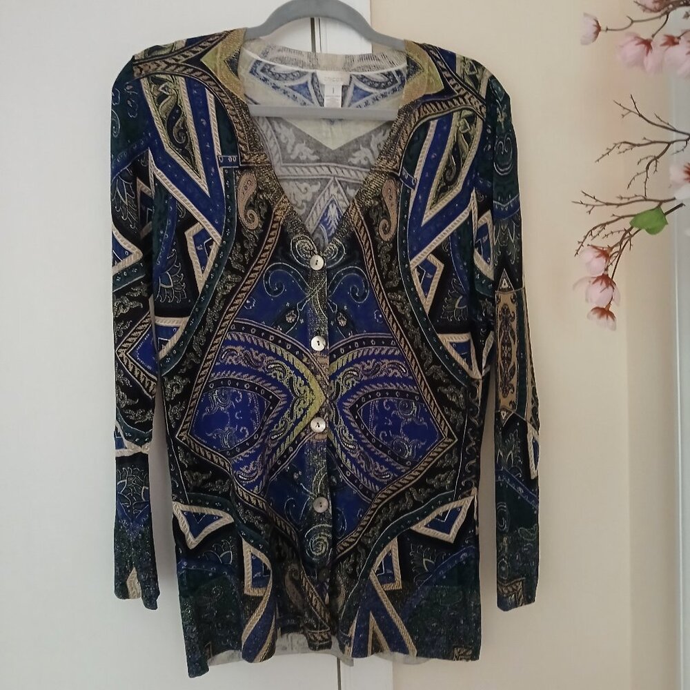 CHICO'S 💯 % rayon fine knitted cardigan/gold metallic trim sz M